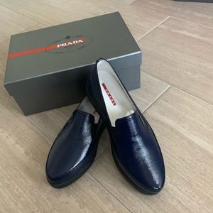 Prada Royal Blue Patent Leather Slip Ons